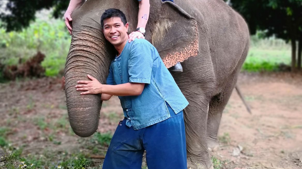 Riding elephant.