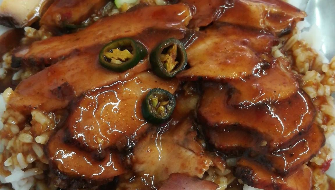 BBQ Pork and charcoal egg with white steamed rice
