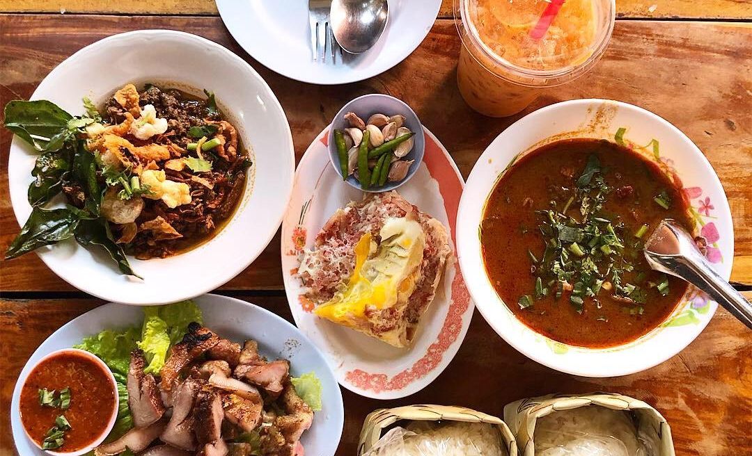 Big lunch with traditional foods at  local restaurant.